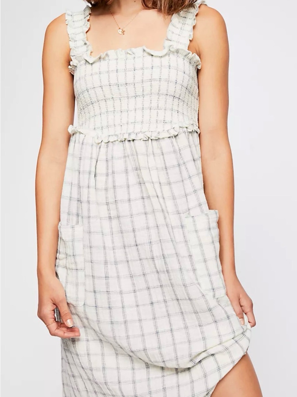 Free People White Plaid Smocked Midi Dress with Ruffle Straps